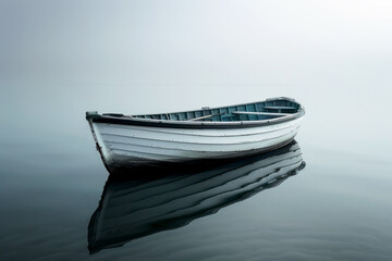 White solitary boat on a silent misty lake. - Powered by Adobe