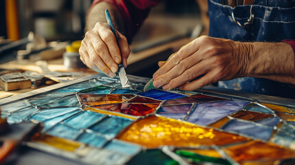 Fototapeta premium Stained Glass Artist Cutting Colored Glass: Design Sketch and Glass Fragments on the Worktable