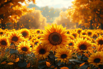 A field of sunflowers with their petals turning brown, set against a backdrop of colorful fall leaves. Concept of seasonal transition and nature's changes.
