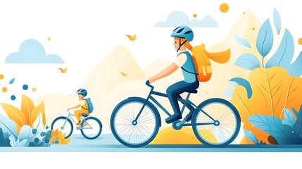 Fototapeta premium Happy Family Cycling Adventure, Nature Illustration