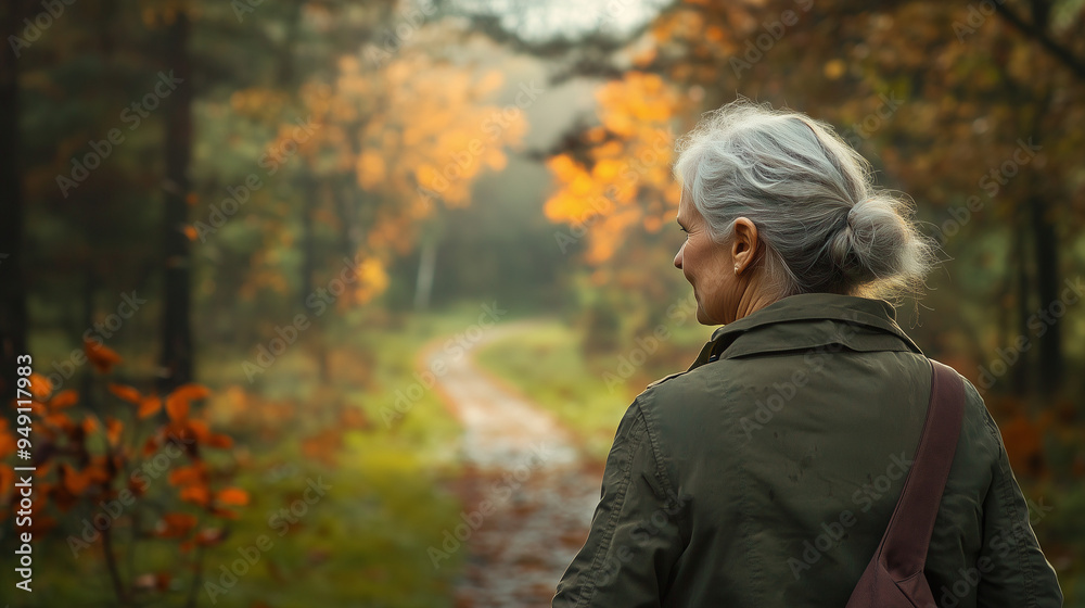 Wall mural middle-aged woman walking along a peaceful forest path