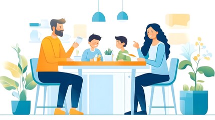 Fototapeta premium Happy Family Dinner Illustration - Modern Cartoon Style