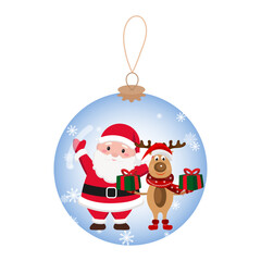 Christmas ball decoration Santa Claus and reindeer best friends with gifts around
