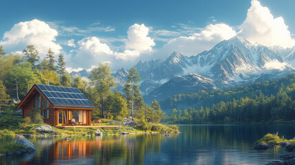 Fototapeta premium an eco-friendly cabin, solar panels on the roof, surrounded by a pristine natural setting.