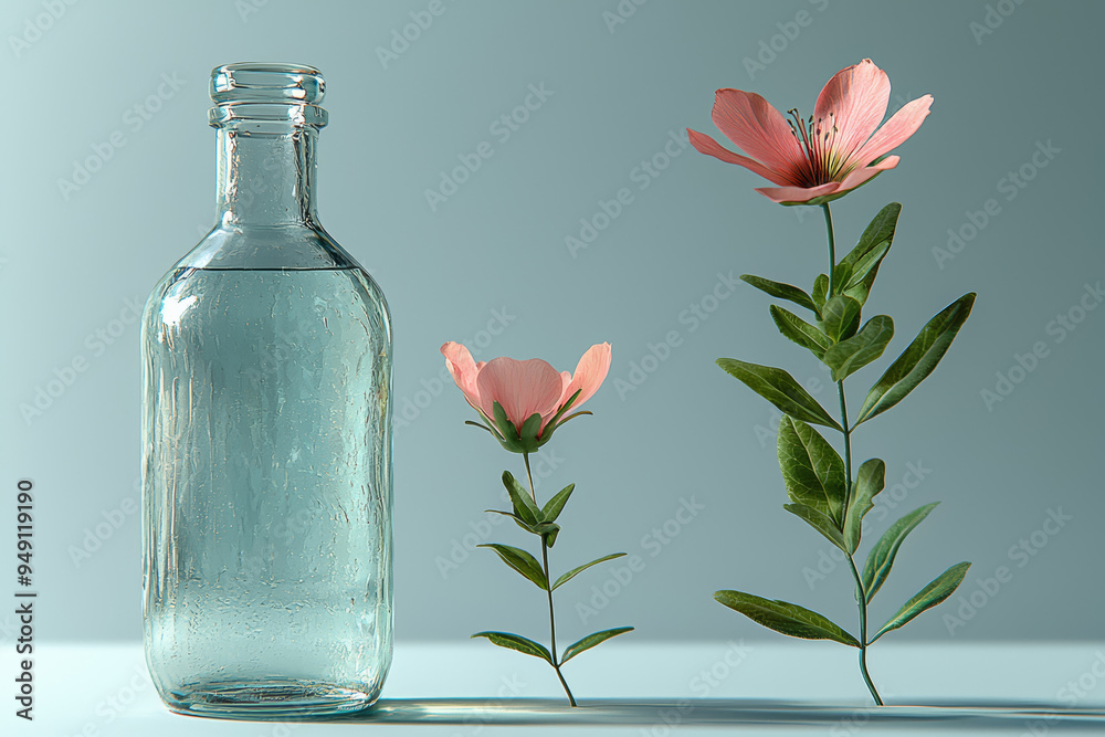 Poster A clear glass bottle with a small, fresh flower inside, set against a plain background, illustrating the charm of minimal decor. Concept of subtle elegance and simple beauty.