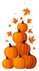 A vibrant stack of orange pumpkins surrounded by autumn leaves, perfect for fall-themed designs and decorations.
