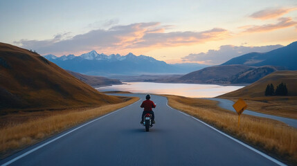 Lone motorcyclist riding on an open mountain road with a stunning sunset and distant snow-capped peaks.