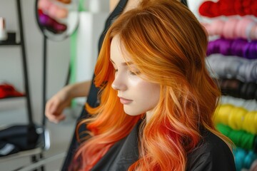 Close-up profile of a young woman with red hair, captured at a hair salon.