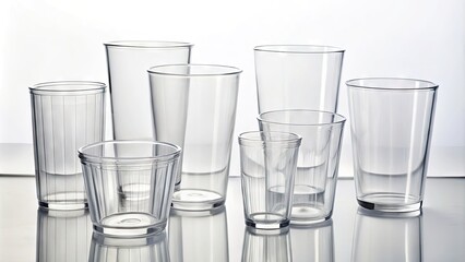 Transparent clear plastic glass cups and tumblers in various shapes and sizes arranged on a white background, showcasing sleek modern minimalist kitchenware design.