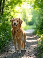 Happy Golden Retriever in Lush Green Forest Path