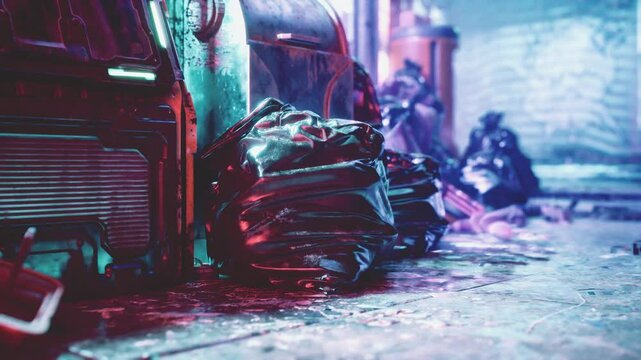 A Towering Heap of Discarded Waste Illuminated by Neon Lights on a Night Street