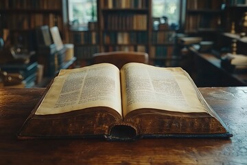 Obraz premium An old open book on a desk in a library bathed in warm evening light.
