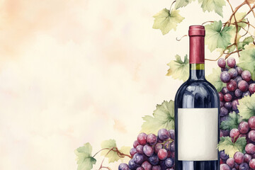 frame model - Watercolor illustration of a wine bottle with a glass of red wine, set against a soft, blurred background of a vineyard.