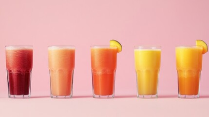 Fototapeta premium An inviting display of vibrant fruit smoothies in glassware showcases a variety of flavors perfect for a warm day