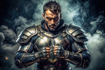 Fototapeta premium Ultimate Fighting Champion in Metallic Armor with Dark Mood