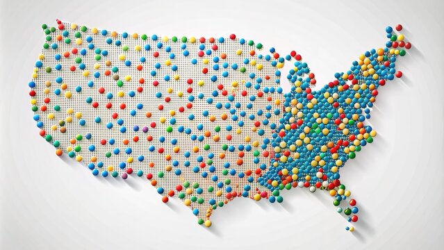 United States map featuring scattered colorful dots of varying sizes, representing data points, population density, or geographic distribution, against a clean white background.