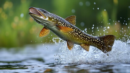 A pike leaps out of the water. This high-quality photo can be used for websites, articles, or social media related to fishing, wildlife, or nature.