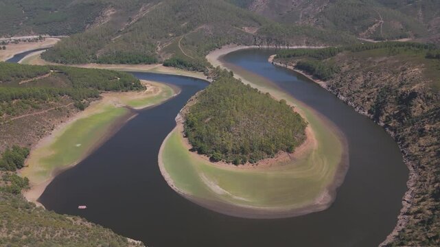 Drone view of the Melero meander in Caceres, Spain. Nature, meander, biodiversity