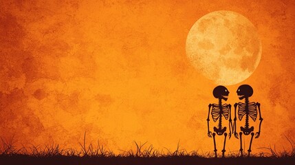 Naklejka premium A whimsical scene featuring two skeletons under a full moon on an orange background, evoking a playful Halloween atmosphere.
