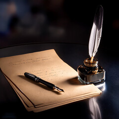 Elegant Pen and Inkwell- A sophisticated pen and ink bottle on a dark, polished desk,