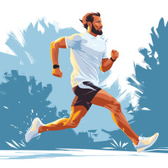 Obraz premium A man is running in a forest with a blue sky in the background. The man is wearing a white shirt and black shorts