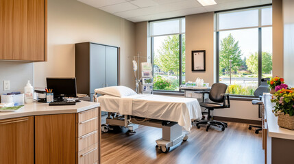 Bright and clean medical examination room with a patient bed, large windows, and contemporary furnishings, offering a calm atmosphere.