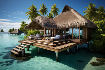 A luxurious overwater bungalow in a lagoon. Concept of exclusive retreat. Generative Ai.