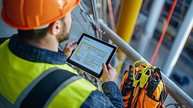 Wind Turbine Engineer Installation Safety Over-the-shoulder view of a wind turbine engineer checking installation guidelines on a tablet