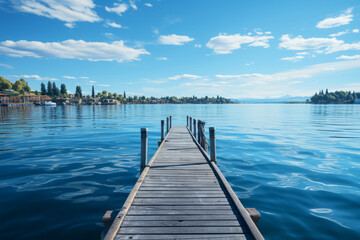 Naklejka premium A floating dock on a calm, blue lake. Concept of lakeside paradise. Generative Ai.