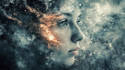 A reflective portrait of a young woman with cosmic elements at dusk