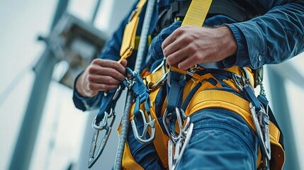 Wind Turbine Engineer Installation Safety Close-up of a wind turbine engineer s hands securing a harness before climbing a turbine tower