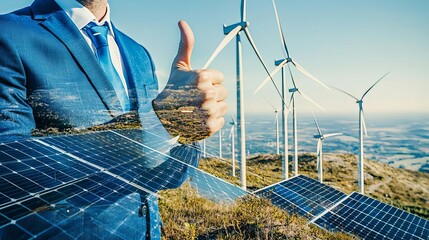 Wind Turbine Engineer innovation  A professional in a blue suit with a thumbs-up gesture