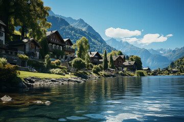 Fototapeta premium A quaint village on the shores of a serene river. Concept of peaceful community. Generative Ai.