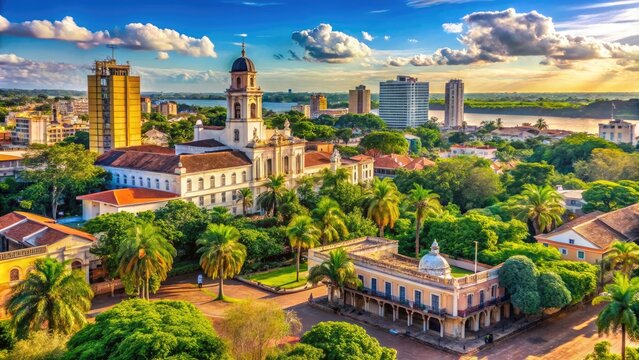 Vibrant cityscape of Asunci&oacute;n, Paraguay, featuring historic colonial architecture, bustling streets, and lush greenery, with the Paraguay River flowing gently in the background.