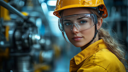 Front-line industrial workers in full safety gear, including helmets, gloves, and protective eyewear, operating machinery in a high-tech factory,