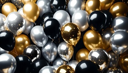 gold, silver and black balloons decorated to celebrate the new year