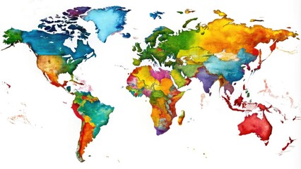 Obraz premium Vibrant colored map of North, Central, and South America, highlighting countries' borders, geography, and major cities, set against a subtle white background.
