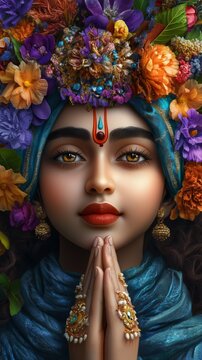 Adorable Krishna: A charming illustration of Lord Krishna, a deity in Hinduism, with a radiant smile and adorned with vibrant colors and ornaments. The illustration conveys purity, innocence, and devo