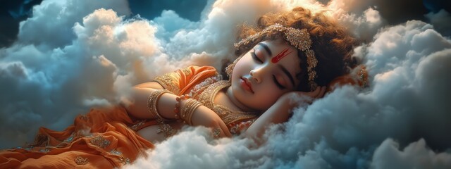 Divine Slumber: Bal Krishna rests peacefully amidst ethereal clouds, a celestial aura illuminating his divine form. 
