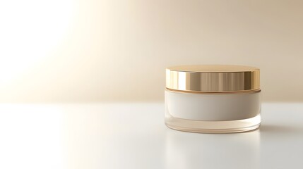 A realistic face view of a luxurious face cream jar with a gold lid, placed on a clean white surface with soft ambient lighting and an empty space