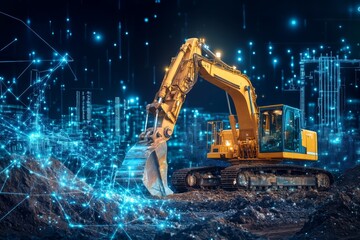 Excavator in a Digital Landscape: A yellow excavator digs into the earth, illuminated by a network of glowing data points, symbolizing the integration of technology and construction. 