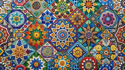 Vibrant colorful geometric shapes and patterns come together in a harmonious mosaic, celebrating diversity and creative design through abstract representation of unity and cultural heritage.