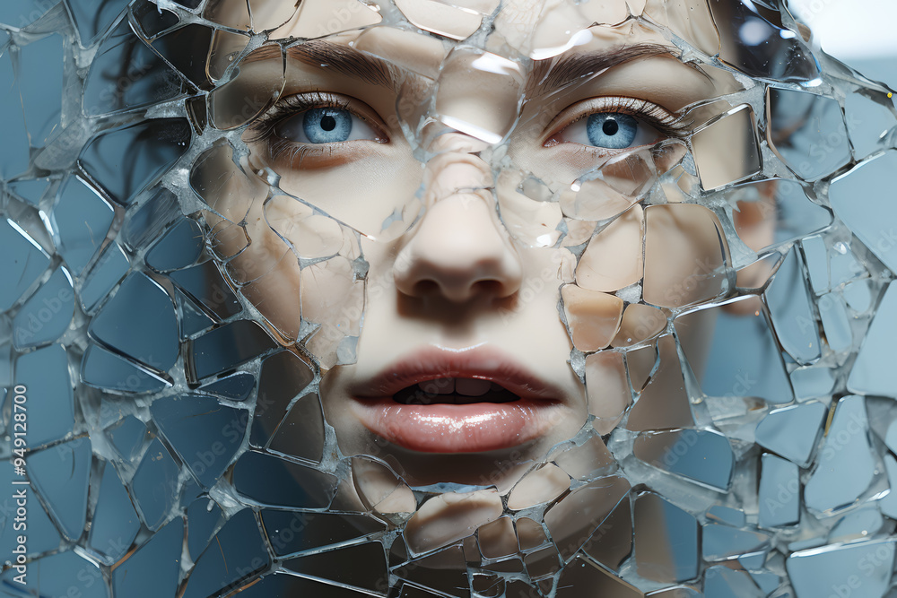 Sticker a shattered mirror reflecting multiple perspectives. concept of fractured identity. generative ai.