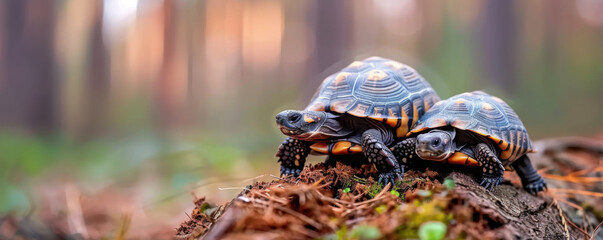 Close-up of two colorful turtles resting on a log in a natural forest setting, highlighting wildlife and nature.