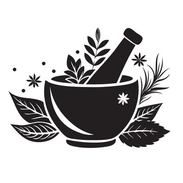 black mortar and pestle with herbs clip art preview