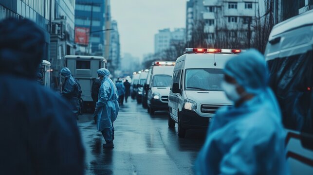 Healthcare professionals in medical masks coordinate care as ambulances line the streets outside busy hospitals facing increased patient demand. Generative AI