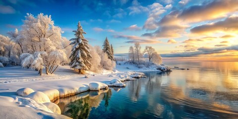 8. **Frozen Lake Huron**: Illustrate the stunning beauty of Lake Huron's frozen landscape, with snow-covered trees and serene atmosphere