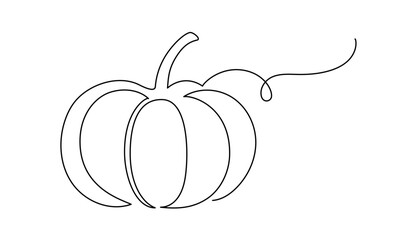 Autumn pumpkin in one continuous line drawing. Halloween and Thanksgiving greeting card in simple linear style. Fall harvest in editable stroke. Doodle modern vector illustration