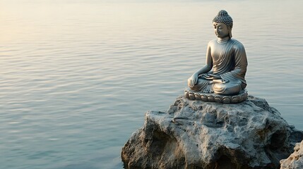 Buddha Statue Serenely Seated on Rocky Outcrop Surrounded by Calm Waters