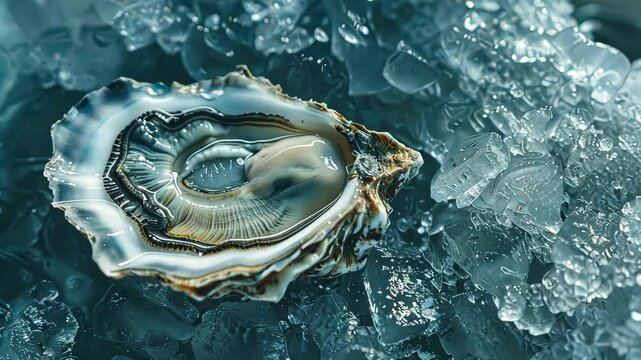 Agate geode on ice crystals, macro shot. Nature's artistry concept.